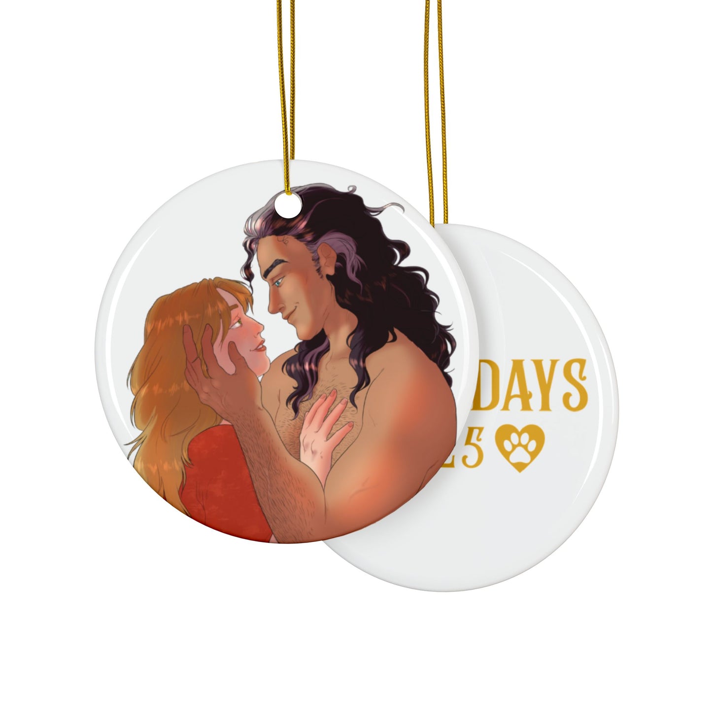 Round ceramic ornament with Shadow and Trina from Her Captive Wolf "Growlidays 2025" text on a white background