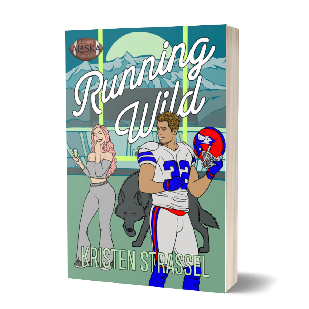 Cover of the book 'Running Wild' by Kristen Strassel, featuring an illustration of a male character in a football uniform and a female character with a ponytail, set against a mountainous backdrop.