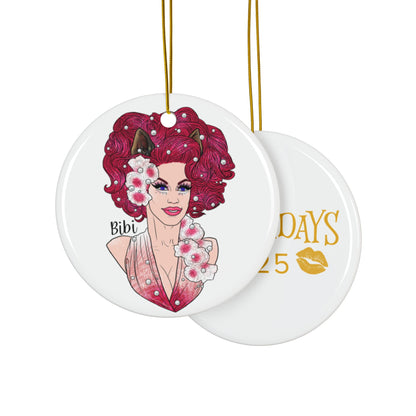 Circular ornament with a design of Bibi le Bennet with red hair and flowers, on a white background. with "Growlidays 2025" on the back