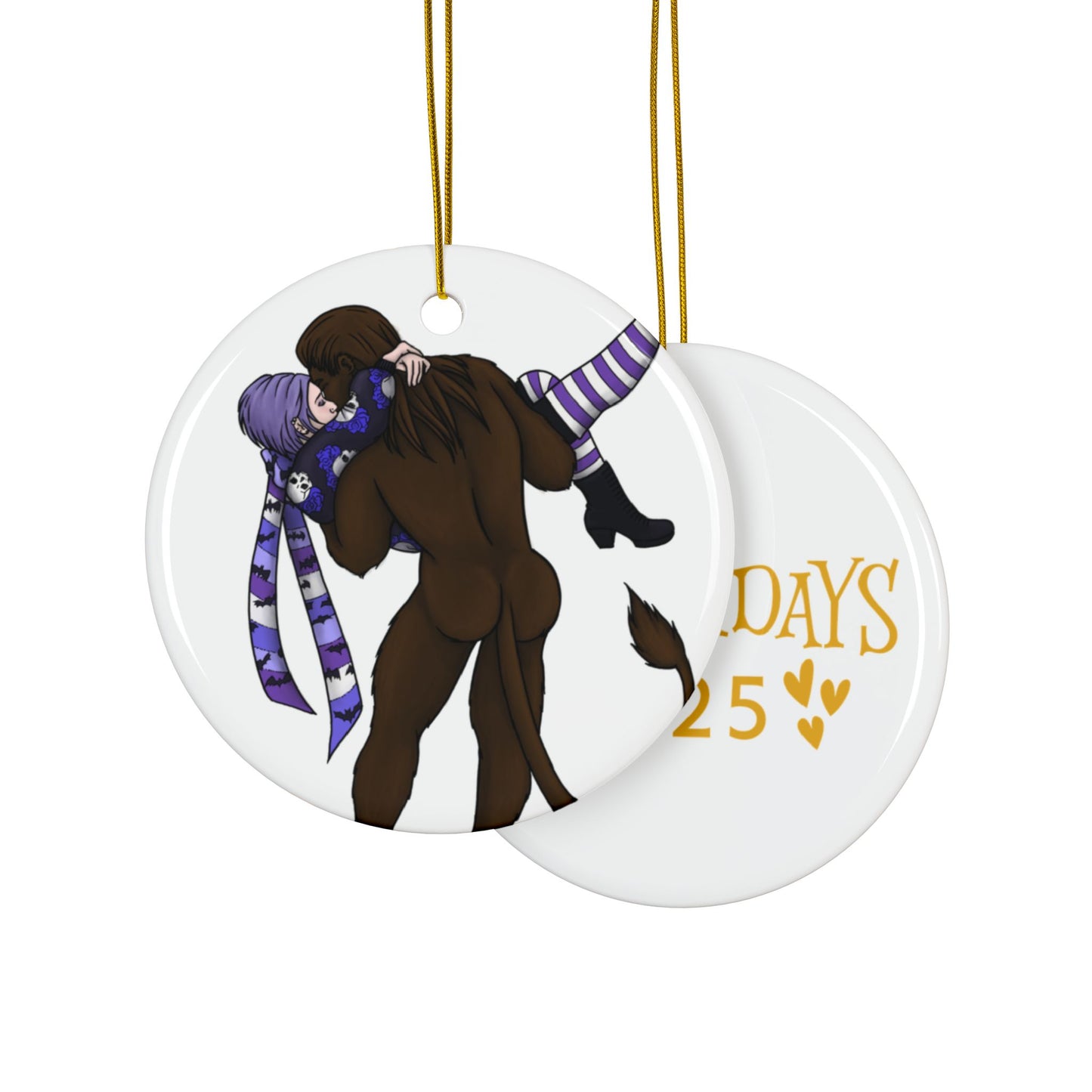 Decorative ornament with Bigfoot and Hannah  and "Growlidays 2025"  text on a white background