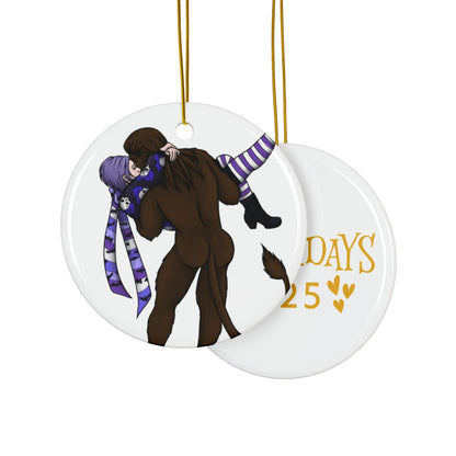Decorative ornament with Bigfoot and Hannah  and "Growlidays 2025"  text on a white background